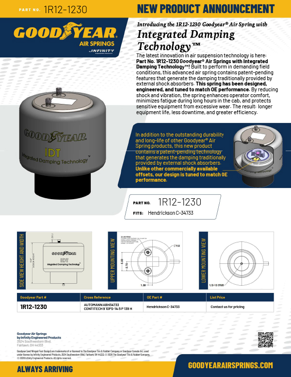Goodyear air spring 1R12-1230 advertisement showing a gray canister with IDT logo and exploded view diagrams on a yellow/blue background.