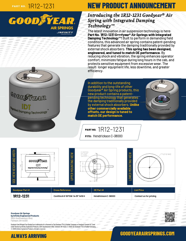 Goodyear air springs product page advertising 1R12-1231 with built-in damping tech and exploded view diagrams for mounting and dimensions, on a yellow and blue flyer.