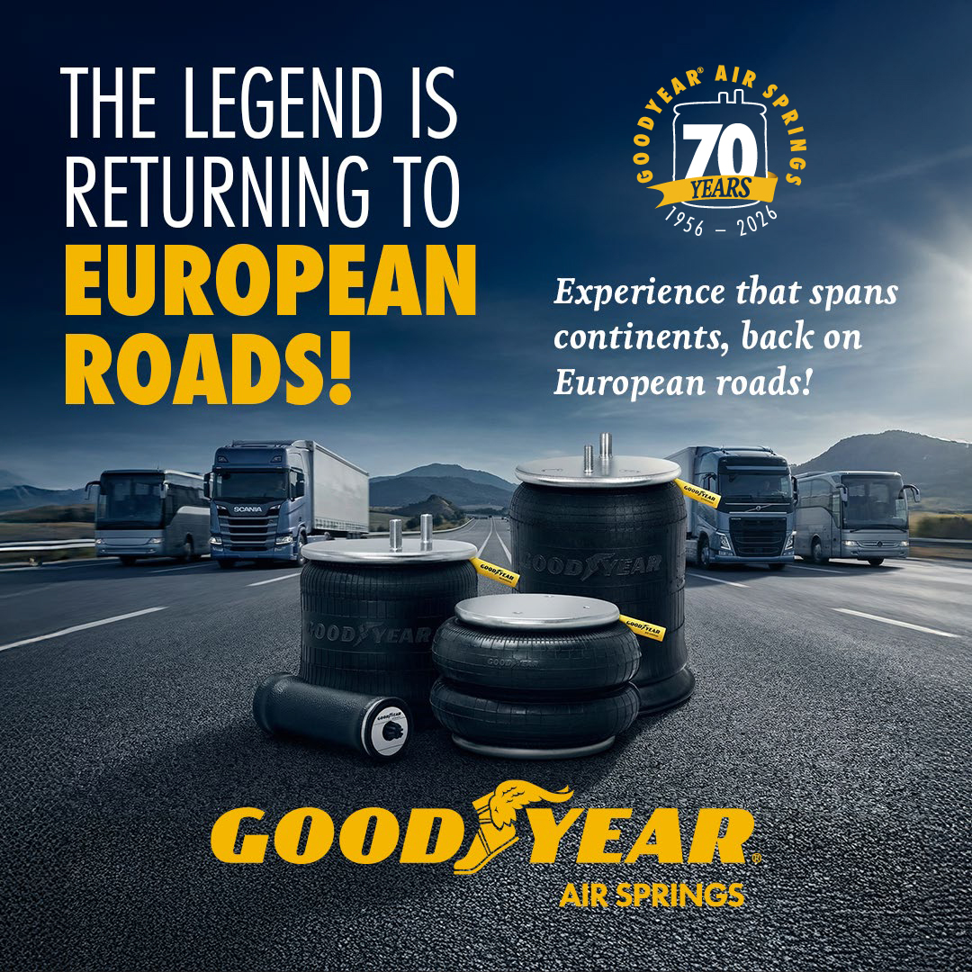 Goodyear ad on a highway: stacked tires in foreground, trucks in background, bold yellow text says 'THE LEGEND IS RETURNING TO EUROPEAN ROADS!' with 70th anniversary logo and Goodyear branding at bottom.