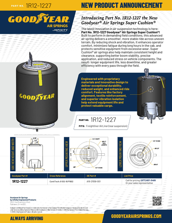 Product sheet for Goodyear 1R12-1227 air spring with a large black suspension spring, Goodyear branding, and mounting/section views.