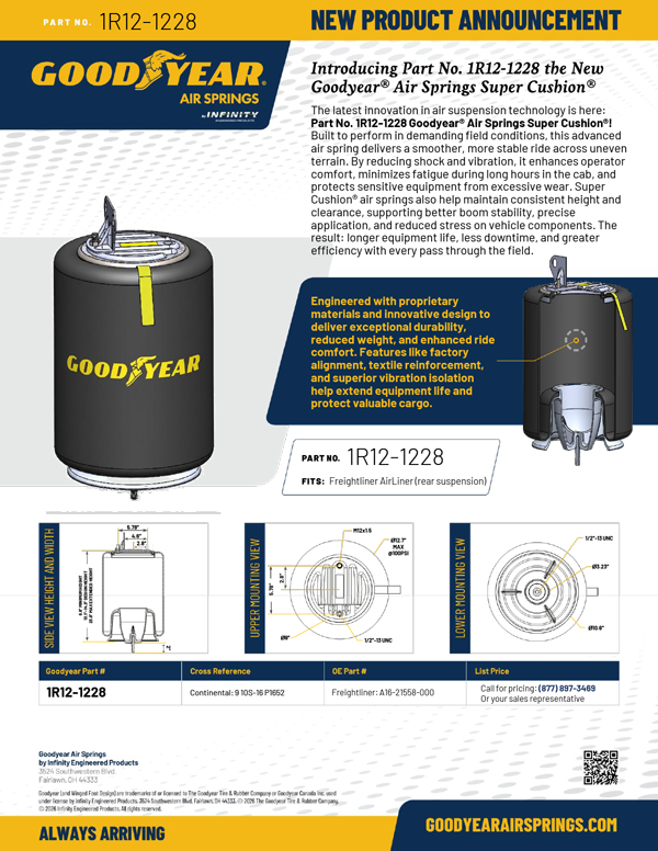 Product sheet for Goodyear air springs (Part No. 1R12-1228) showing a black air spring with yellow strap andCollage of mounting diagrams and features overview for freightliner suspension.