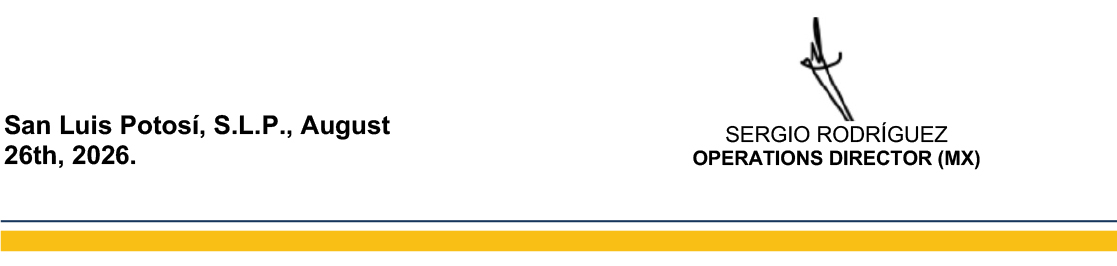 Integral-Policy - Goodyear Air Springs Document header: left-aligned date and place 'San Luis Potosí, S.L.P., August 26th, 2026.'; right-aligned stylized logo with 'SERGIO RODRÍGUEZ OPERATIONS DIRECTOR (Mx)'; yellow decorative stripe beneath.