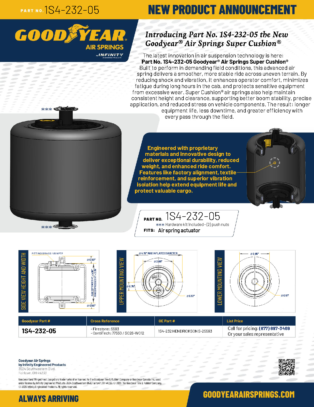 Goodyear new product ad for Air Springs, showing Part No. 1S4-232-05, a large air spring illustration with cross‑section diagrams, and product specs with GoodyearAirSprings.com.